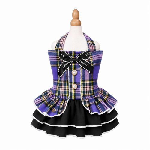 Plaid Tartan Pet Dress with Bow and Pearl Buttons, Dog Cat Halter Dress, Tiered Ruffle Skirt, Party Costume Gift