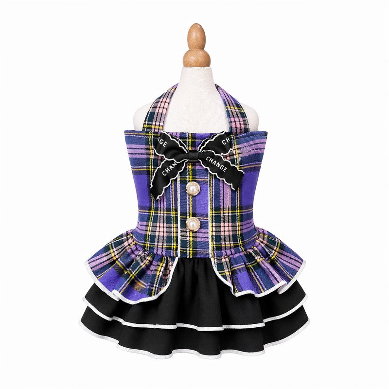 halter-dress-fitted-bodice-tiered-ruffle-adc-opu-m-3-01 Plaid Tartan Pet Dress with Bow and Pearl Buttons, Dog Cat Halter Dress, Tiered Ruffle Skirt, Party Costume Gift