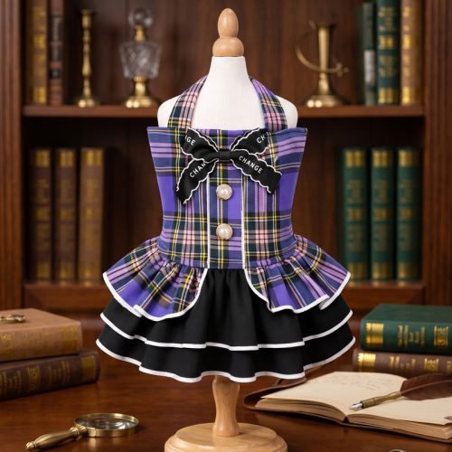 Plaid Tartan Pet Dress with Bow and Pearl Buttons, Dog Cat Halter Dress, Tiered Ruffle Skirt, Party Costume Gift