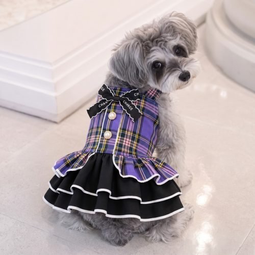 Plaid Tartan Pet Dress with Bow and Pearl Buttons, Dog Cat Halter Dress, Tiered Ruffle Skirt, Party Costume Gift