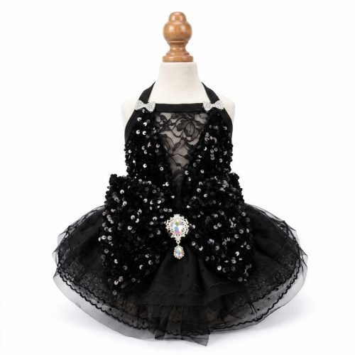 Black Sequin Dog Dress, Formal Pet Gown with Lace Bodice and Crystal Brooch, Dog Birthday Party Outfit, Gift for Dog Mom