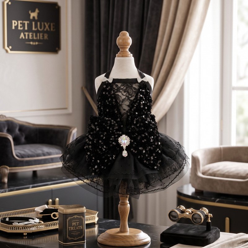 Black Sequin Dog Dress, Formal Pet Gown with Lace Bodice and Crystal Brooch, Dog Birthday Party Outfit, Gift for Dog Mom