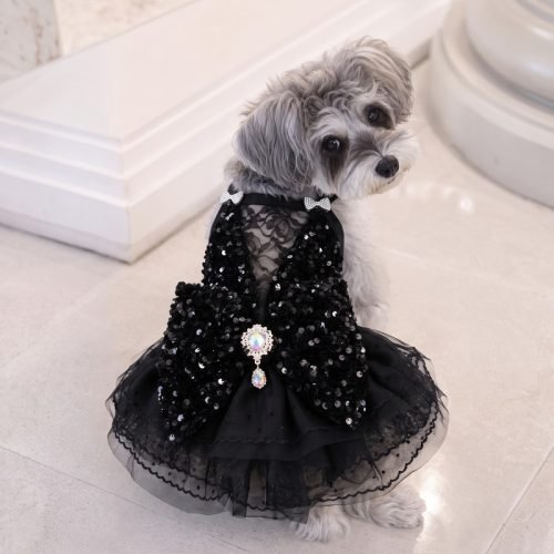Black Sequin Dog Dress, Formal Pet Gown with Lace Bodice and Crystal Brooch, Dog Birthday Party Outfit, Gift for Dog Mom