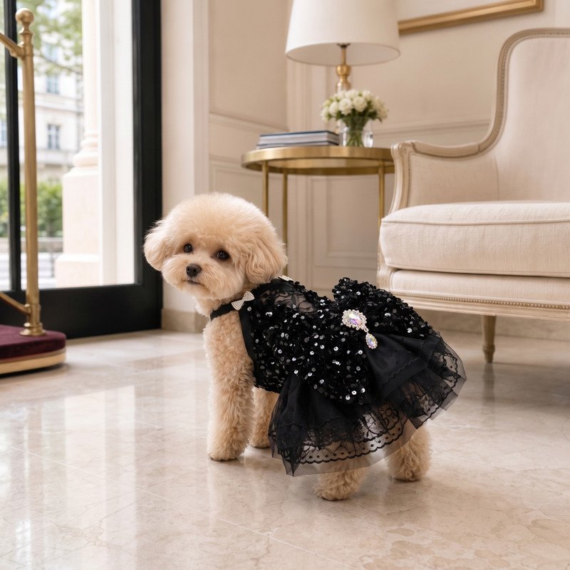 Black Sequin Dog Dress, Formal Pet Gown with Lace Bodice and Crystal Brooch, Dog Birthday Party Outfit, Gift for Dog Mom