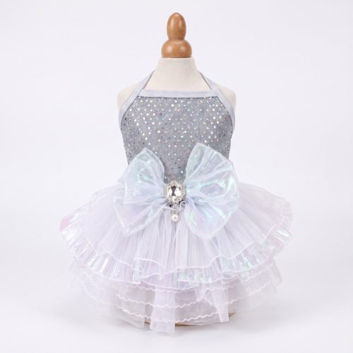 Sequin Dog Dress with Iridescent Bow, Sparkly Pet Tutu, Halter Neck Puppy Dress for Birthday Party, Wedding, Special Occasion Gift