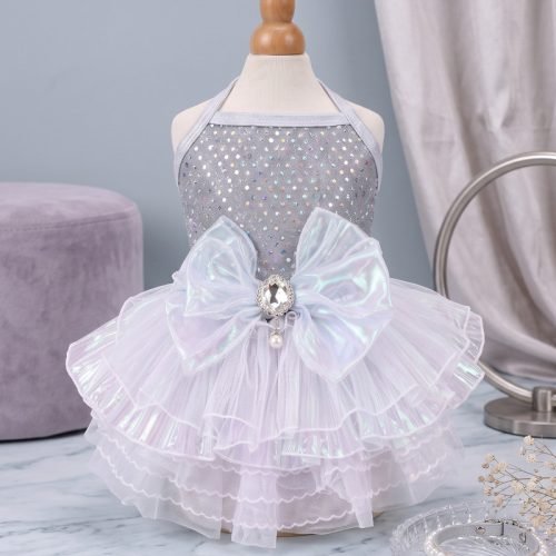 Sequin Dog Dress with Iridescent Bow, Sparkly Pet Tutu, Halter Neck Puppy Dress for Birthday Party, Wedding, Special Occasion Gift