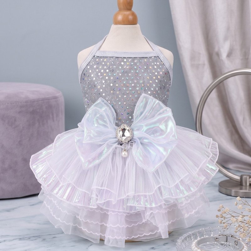 Sequin Dog Dress with Iridescent Bow, Sparkly Pet Tutu, Halter Neck Puppy Dress for Birthday Party, Wedding, Special Occasion Gift