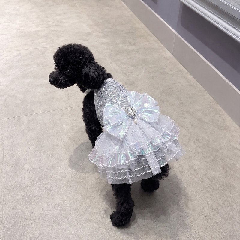 Sequin Dog Dress with Iridescent Bow, Sparkly Pet Tutu, Halter Neck Puppy Dress for Birthday Party, Wedding, Special Occasion Gift