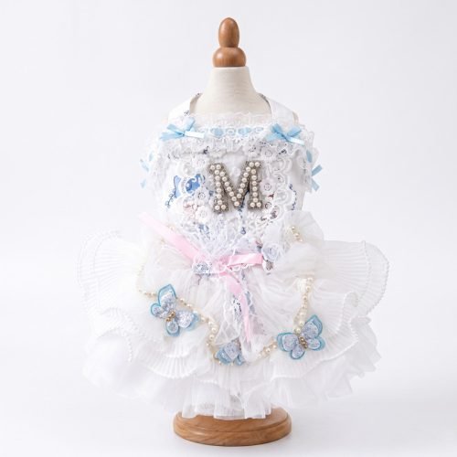 White Lace Dog Dress with Pearl Initial M and Blue Butterfly Accents, Tulle Party Gown for Small Dogs, Special Occasion Pet Gift