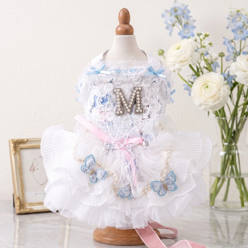 White Lace Dog Dress with Pearl Initial M and Blue Butterfly Accents, Tulle Party Gown for Small Dogs, Special Occasion Pet Gift