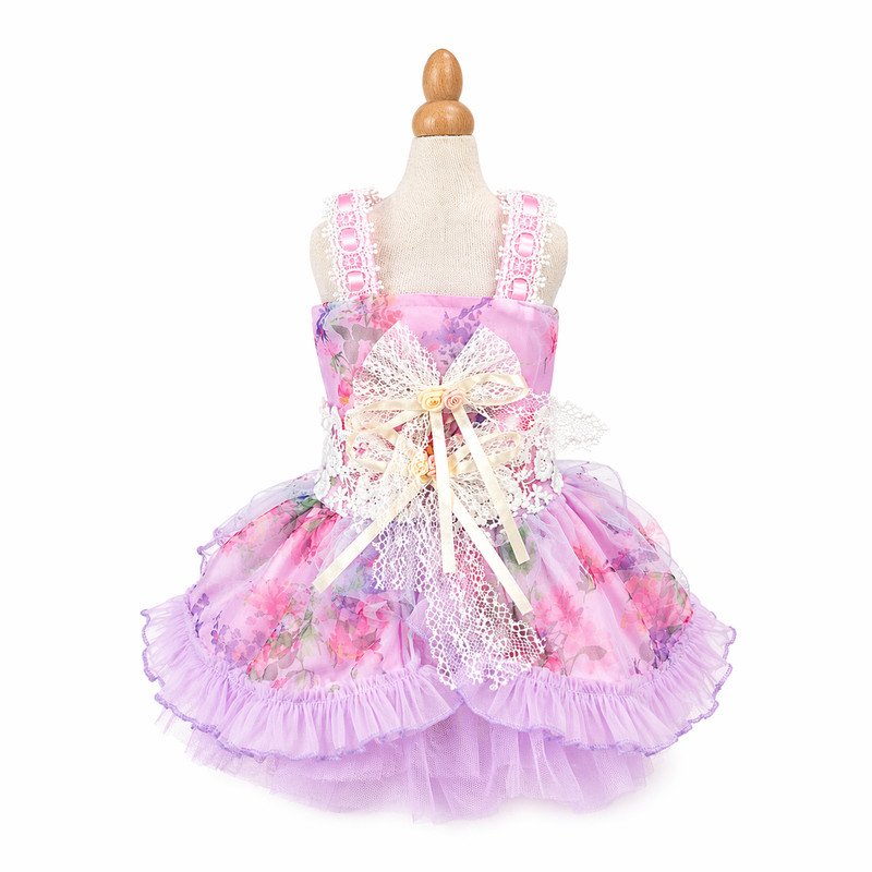 Floral Tutu Dog Dress with Lace Bow, Pink Purple Pet Party Dress, Girl Dog Birthday Outfit, Special Occasion Puppy Gift