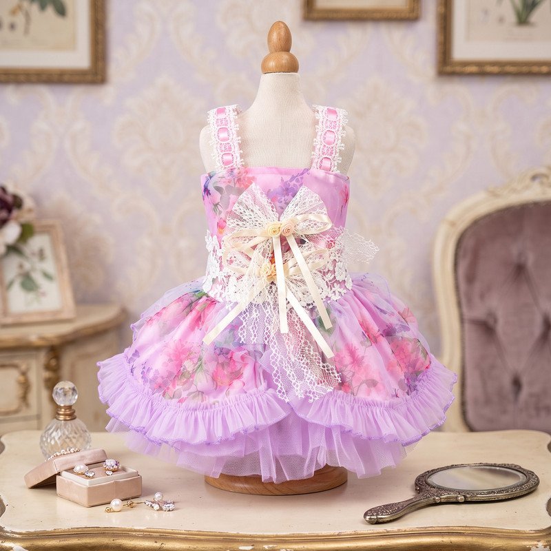 Floral Tutu Dog Dress with Lace Bow, Pink Purple Pet Party Dress, Girl Dog Birthday Outfit, Special Occasion Puppy Gift