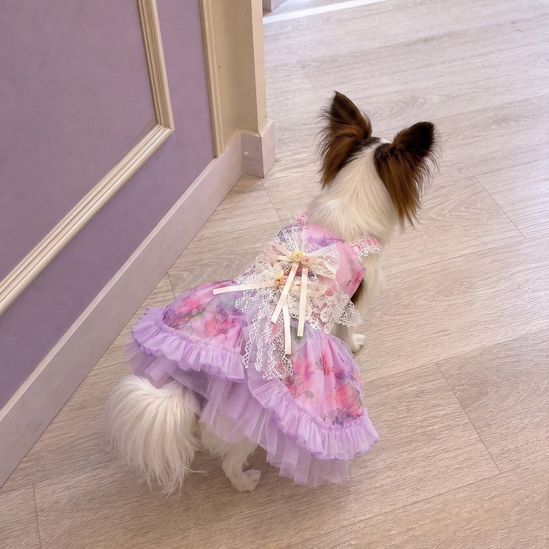 Floral Tutu Dog Dress with Lace Bow, Pink Purple Pet Party Dress, Girl Dog Birthday Outfit, Special Occasion Puppy Gift