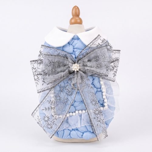 Quilted Dog Dress with Snowflake Bow, Powder Blue Pet Coat with Pearl Trim, Winter Holiday Dog Outfit, Cute Gift for Dog Moms