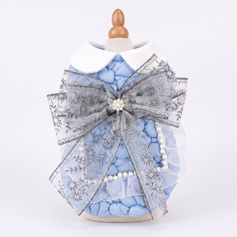 quilted-puffer-dog-dress-coat-rounded-adc-olb-m-1-01 Quilted Dog Dress with Snowflake Bow, Powder Blue Pet Coat with Pearl Trim, Winter Holiday Dog Outfit, Cute Gift for Dog Moms