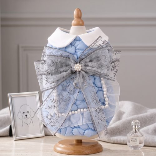 Quilted Dog Dress with Snowflake Bow, Powder Blue Pet Coat with Pearl Trim, Winter Holiday Dog Outfit, Cute Gift for Dog Moms