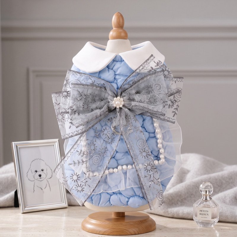 Quilted Dog Dress with Snowflake Bow, Powder Blue Pet Coat with Pearl Trim, Winter Holiday Dog Outfit, Cute Gift for Dog Moms