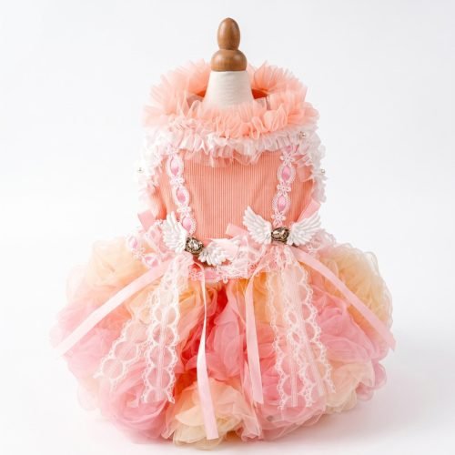 Peach Tulle Dog Dress with Angel Wing Charms, Ruffled Tutu Pet Dress for Small Dogs, Princess Style Puppy Outfit, Special Occasion