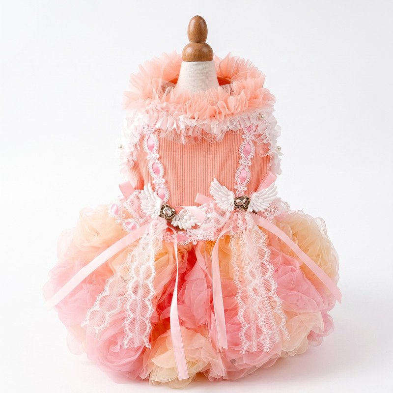 Peach Tulle Dog Dress with Angel Wing Charms, Ruffled Tutu Pet Dress for Small Dogs, Princess Style Puppy Outfit, Special Occasion