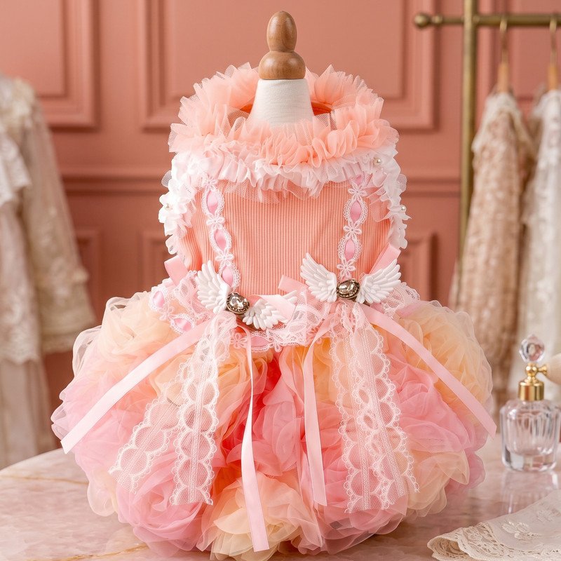 Peach Tulle Dog Dress with Angel Wing Charms, Ruffled Tutu Pet Dress for Small Dogs, Princess Style Puppy Outfit, Special Occasion