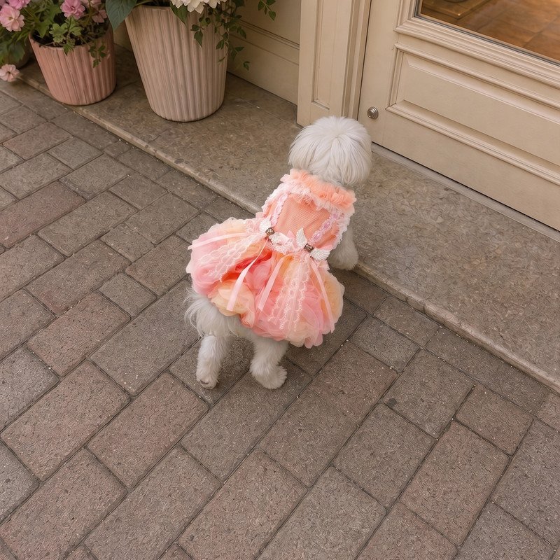 Peach Tulle Dog Dress with Angel Wing Charms, Ruffled Tutu Pet Dress for Small Dogs, Princess Style Puppy Outfit, Special Occasion