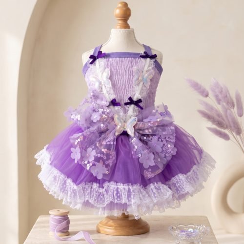 Purple Butterfly Tutu Dog Dress, Sequin Flower Pet Costume, Lace Trim Party Dress for Small Dogs, Special Occasion Gift