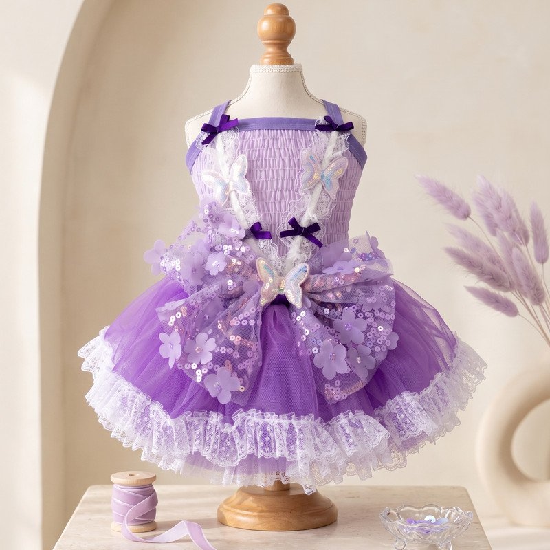 Purple Butterfly Tutu Dog Dress, Sequin Flower Pet Costume, Lace Trim Party Dress for Small Dogs, Special Occasion Gift