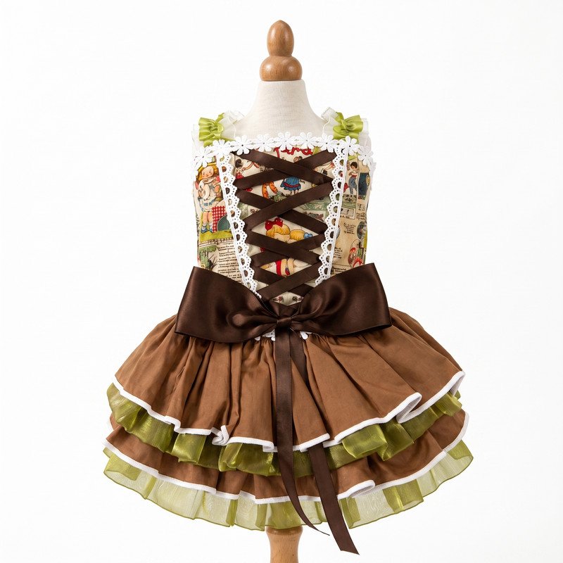 Vintage Storybook Print Dog Dress, Corset Lace-Up Bow Pet Costume, Brown Green Ruffle Tutu, Special Occasion Gift for Dogs