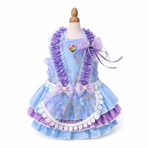 Pastel Blue Dog Dress with Lavender Ruffles, Pearl Bow Pet Costume, Princess Style Puppy Dress, Birthday Party Outfit, Gift for Dog