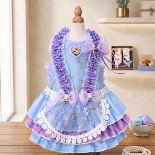 Pastel Blue Dog Dress with Lavender Ruffles, Pearl Bow Pet Costume, Princess Style Puppy Dress, Birthday Party Outfit, Gift for Dog