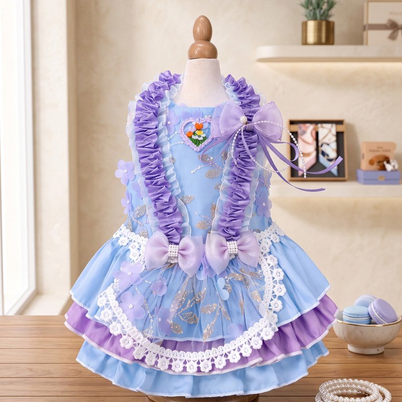 Pastel Blue Dog Dress with Lavender Ruffles, Pearl Bow Pet Costume, Princess Style Puppy Dress, Birthday Party Outfit, Gift for Dog