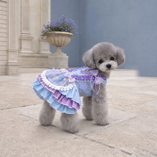 Pastel Blue Dog Dress with Lavender Ruffles, Pearl Bow Pet Costume, Princess Style Puppy Dress, Birthday Party Outfit, Gift for Dog
