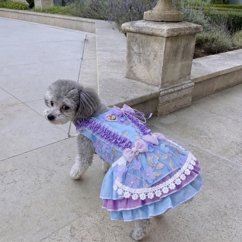 Pastel Blue Dog Dress with Lavender Ruffles, Pearl Bow Pet Costume, Princess Style Puppy Dress, Birthday Party Outfit, Gift for Dog