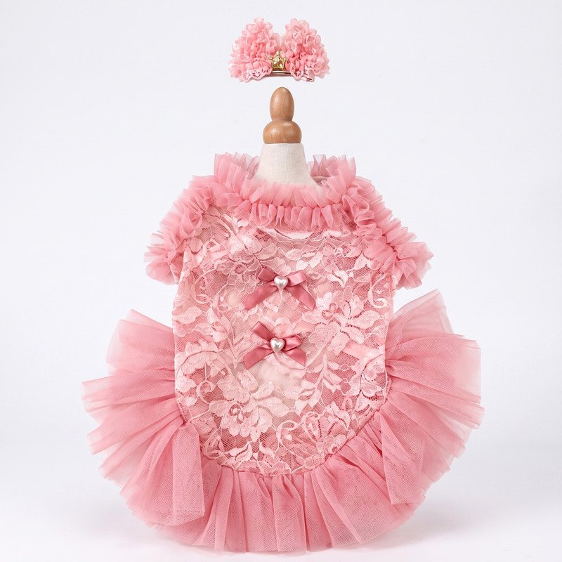 Pink Lace Dog Dress with Tulle Tutu Skirt, Princess Pet Costume with Matching Crown Headband, Birthday Dog Outfit Gift