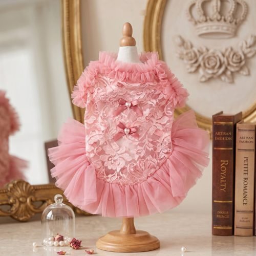 Pink Lace Dog Dress with Tulle Tutu Skirt, Princess Pet Costume with Matching Crown Headband, Birthday Dog Outfit Gift