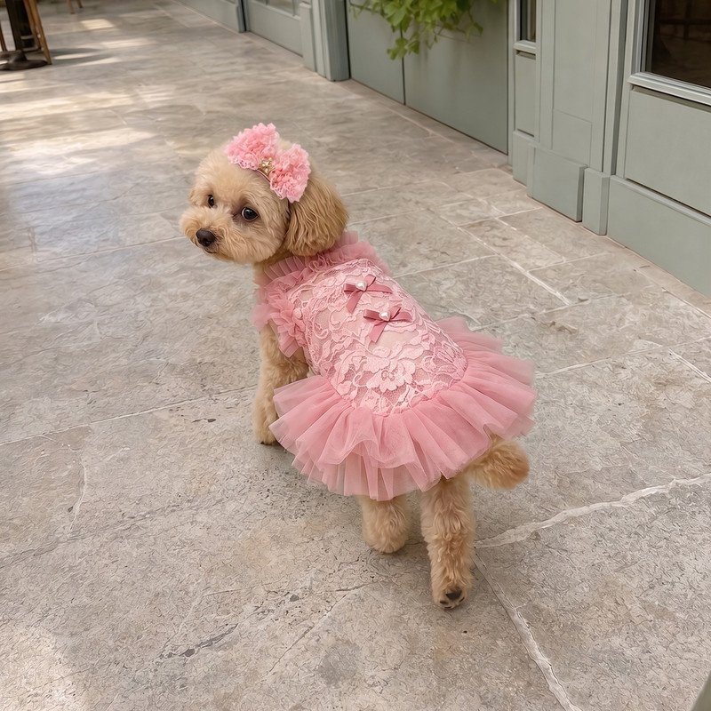 Pink Lace Dog Dress with Tulle Tutu Skirt, Princess Pet Costume with Matching Crown Headband, Birthday Dog Outfit Gift
