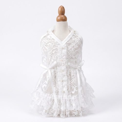 White Lace Dog Dress with Pearl Buttons, Floral Lace Pet Dress, Satin Bow Wedding Dog Outfit, Special Occasion Puppy Dress Gift