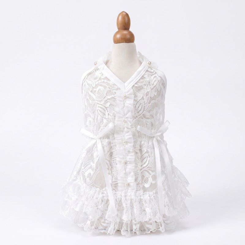 sleeveless-lace-overlay-dog-dress-satin-adc-owh-m-2-01 White Lace Dog Dress with Pearl Buttons, Floral Lace Pet Dress, Satin Bow Wedding Dog Outfit, Special Occasion Puppy Dress Gift