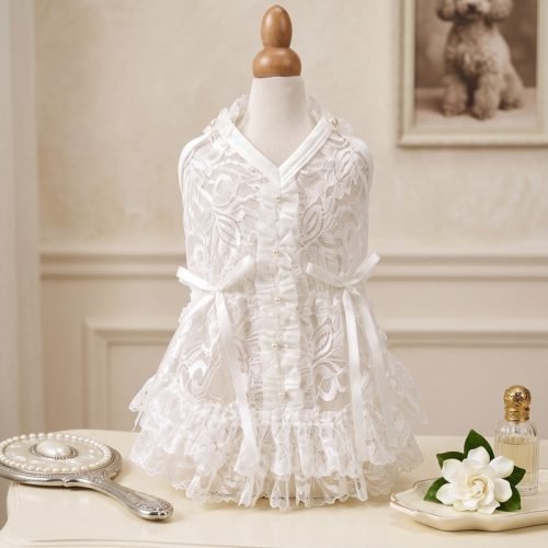 White Lace Dog Dress with Pearl Buttons, Floral Lace Pet Dress, Satin Bow Wedding Dog Outfit, Special Occasion Puppy Dress Gift