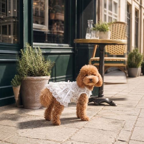 White Lace Dog Dress with Pearl Buttons, Floral Lace Pet Dress, Satin Bow Wedding Dog Outfit, Special Occasion Puppy Dress Gift