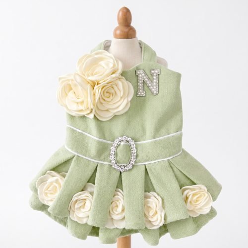 Sage Green Tweed Dog Dress with Ivory Rose Appliques, Rhinestone Buckle Belt, Pearl Initial Charm, Pet Wedding Outfit, Dog Birthday