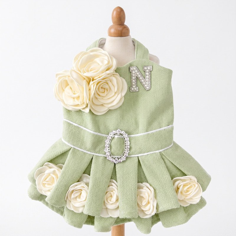 sleeveless-pleated-dog-dress-styled-special-adc-ogn-m-1-01 Sage Green Tweed Dog Dress with Ivory Rose Appliques, Rhinestone Buckle Belt, Pearl Initial Charm, Pet Wedding Outfit, Dog Birthday