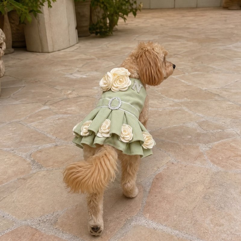 Sage Green Tweed Dog Dress with Ivory Rose Appliques, Rhinestone Buckle Belt, Pearl Initial Charm, Pet Wedding Outfit, Dog Birthday