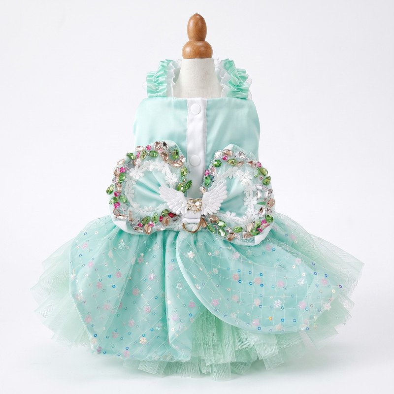 Mint Green Angel Wing Dog Dress, Rhinestone Bow Pet Tutu, Sparkly Sequin Tulle Puppy Dress, Small Dog Birthday Party Gift