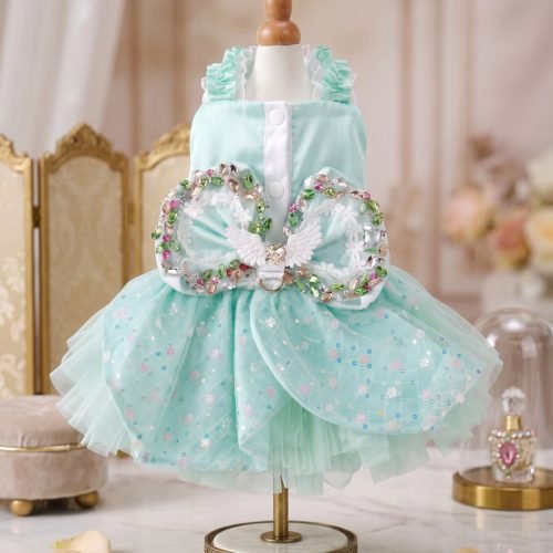 Mint Green Angel Wing Dog Dress, Rhinestone Bow Pet Tutu, Sparkly Sequin Tulle Puppy Dress, Small Dog Birthday Party Gift