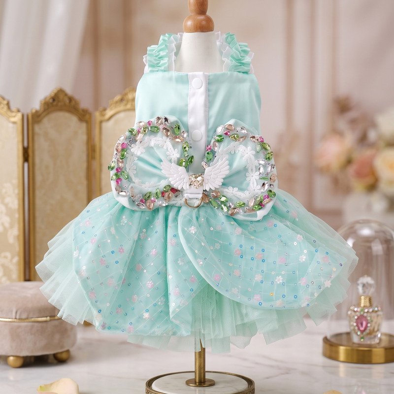 Mint Green Angel Wing Dog Dress, Rhinestone Bow Pet Tutu, Sparkly Sequin Tulle Puppy Dress, Small Dog Birthday Party Gift