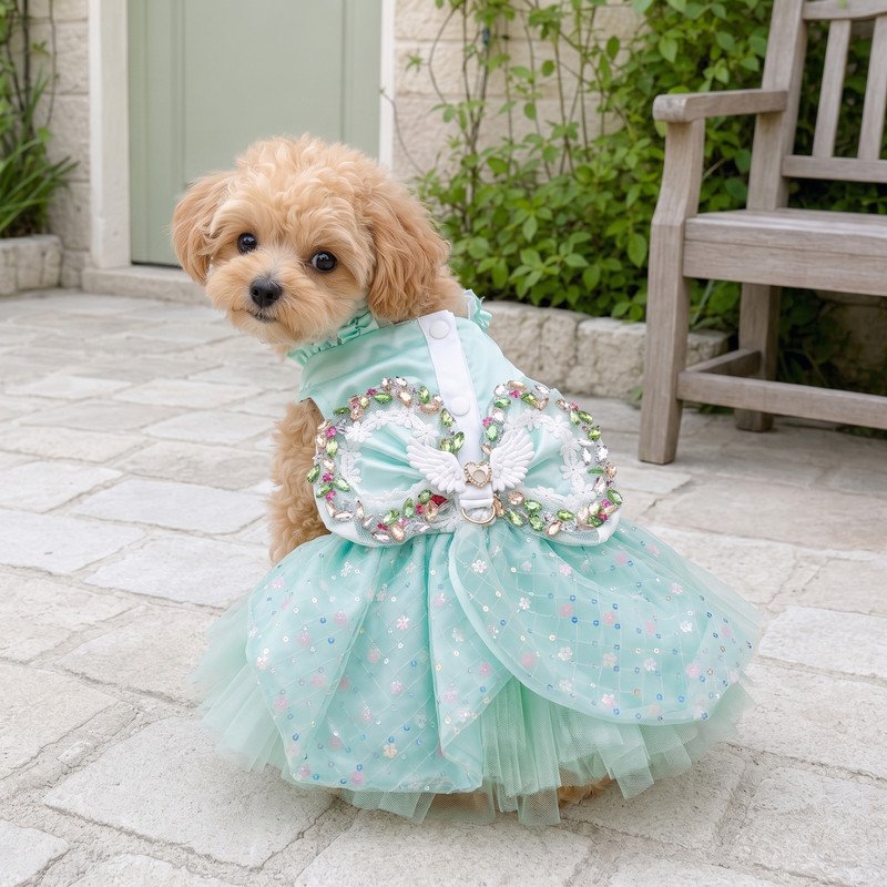 Mint Green Angel Wing Dog Dress, Rhinestone Bow Pet Tutu, Sparkly Sequin Tulle Puppy Dress, Small Dog Birthday Party Gift