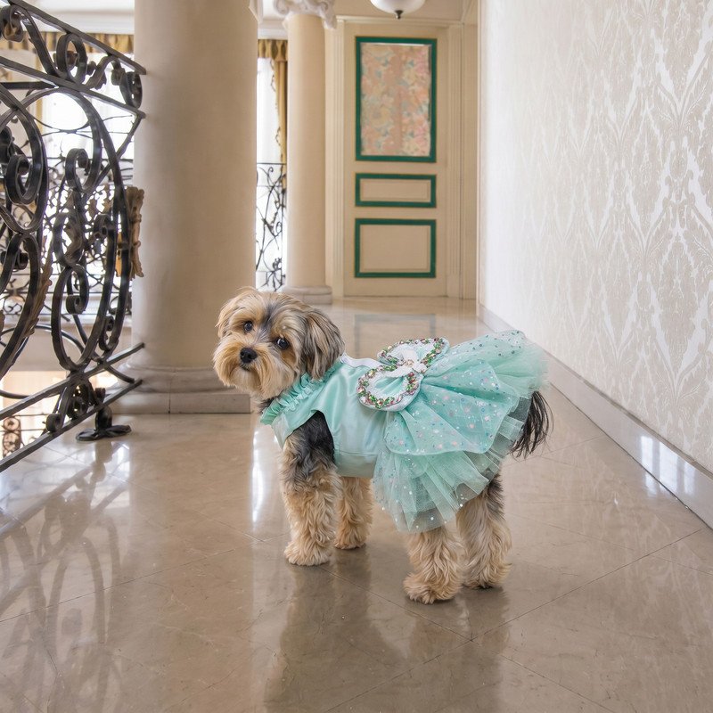 Mint Green Angel Wing Dog Dress, Rhinestone Bow Pet Tutu, Sparkly Sequin Tulle Puppy Dress, Small Dog Birthday Party Gift