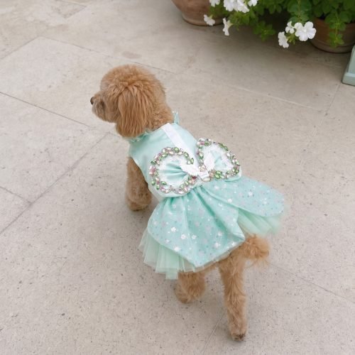 Mint Green Angel Wing Dog Dress, Rhinestone Bow Pet Tutu, Sparkly Sequin Tulle Puppy Dress, Small Dog Birthday Party Gift
