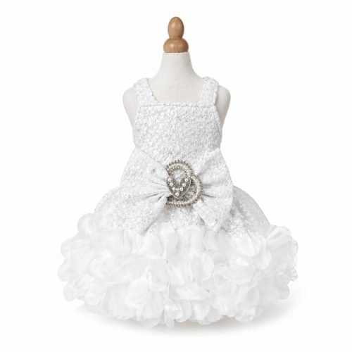 White Sequin Dog Dress, Ruffle Pet Gown with Pearl Heart Bow, Wedding Dog Outfit, Special Occasion Puppy Dress, Dog Birthday Gift